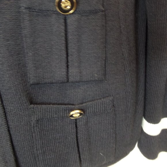 St. John 2 Piece Knit Black Jacket & Skirt Bright Gold Logo Buttons Size 14 - Picture 14 of 16